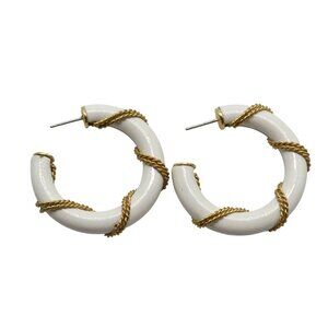 Gold White Enamel Hoop Earrings Nautical Twisted Chain Wrap Design By Napier